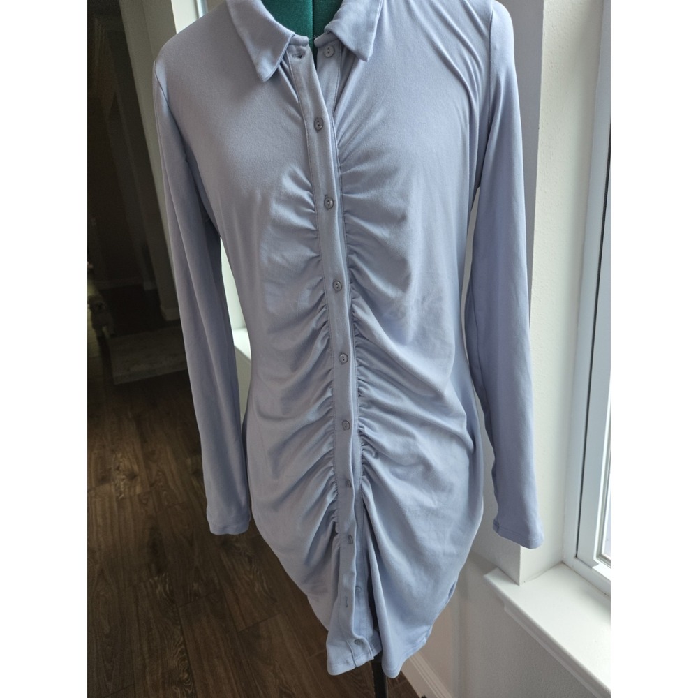 Birch And Stone Shirt Dress Womens L Purple Ruched Knit Long Sleeve Knee Length